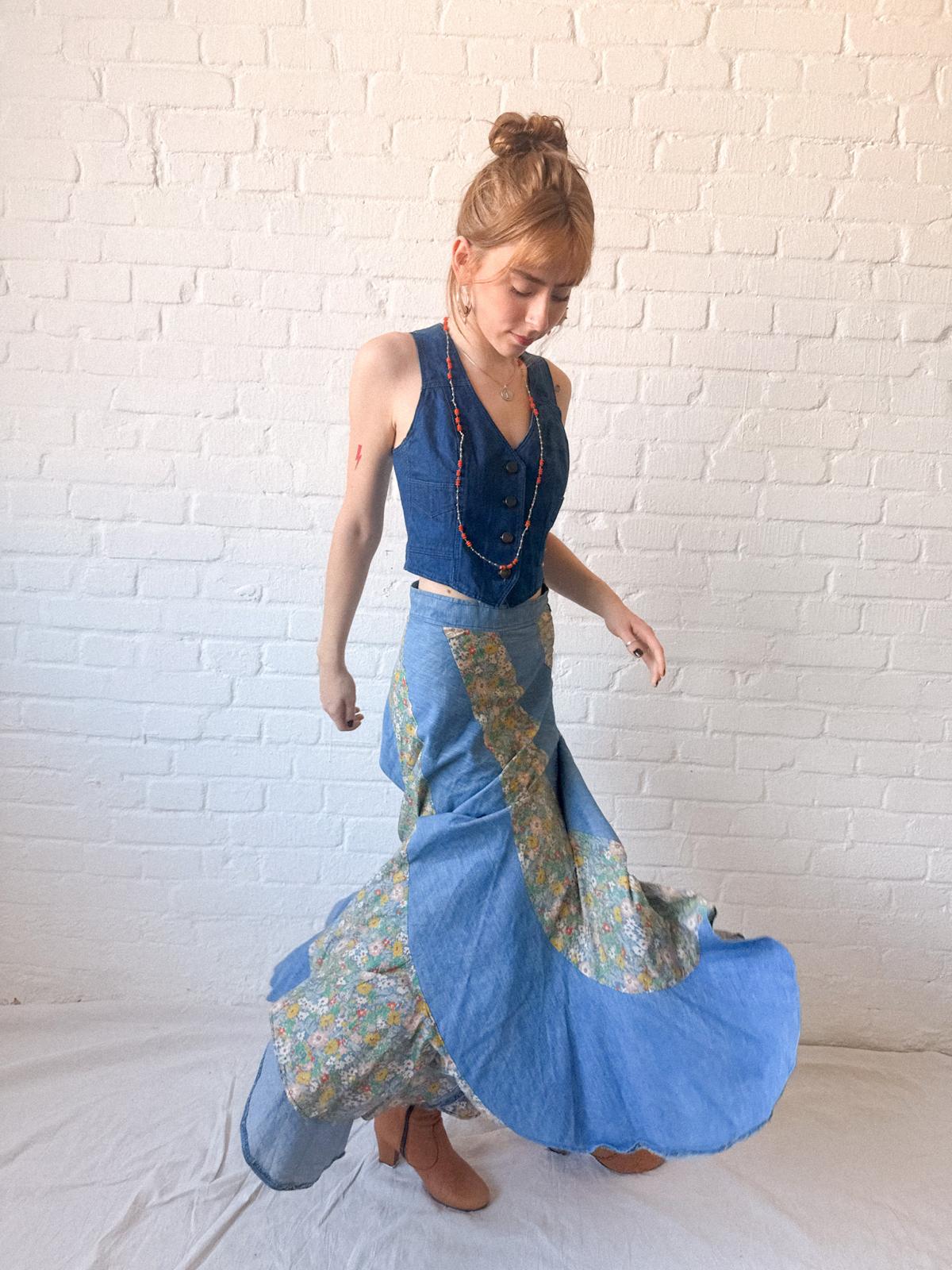 1970s Asymmetrical Patchwork Chambray & Floral Maxi Skirt