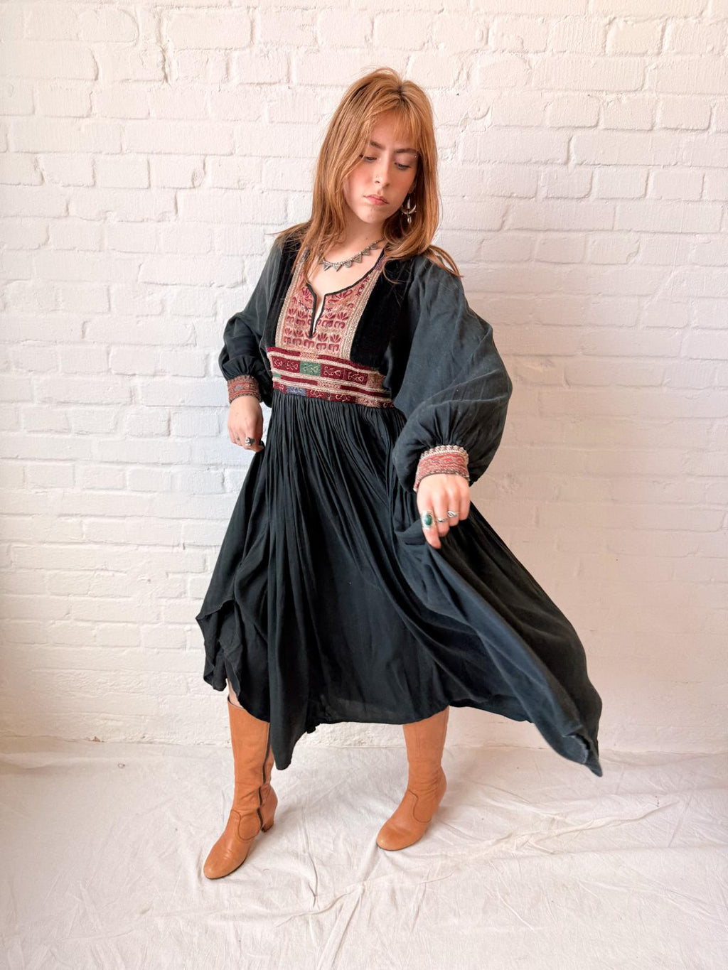 1970s Black Afghan Viscose Dress with Embroidered Velvet Yoke