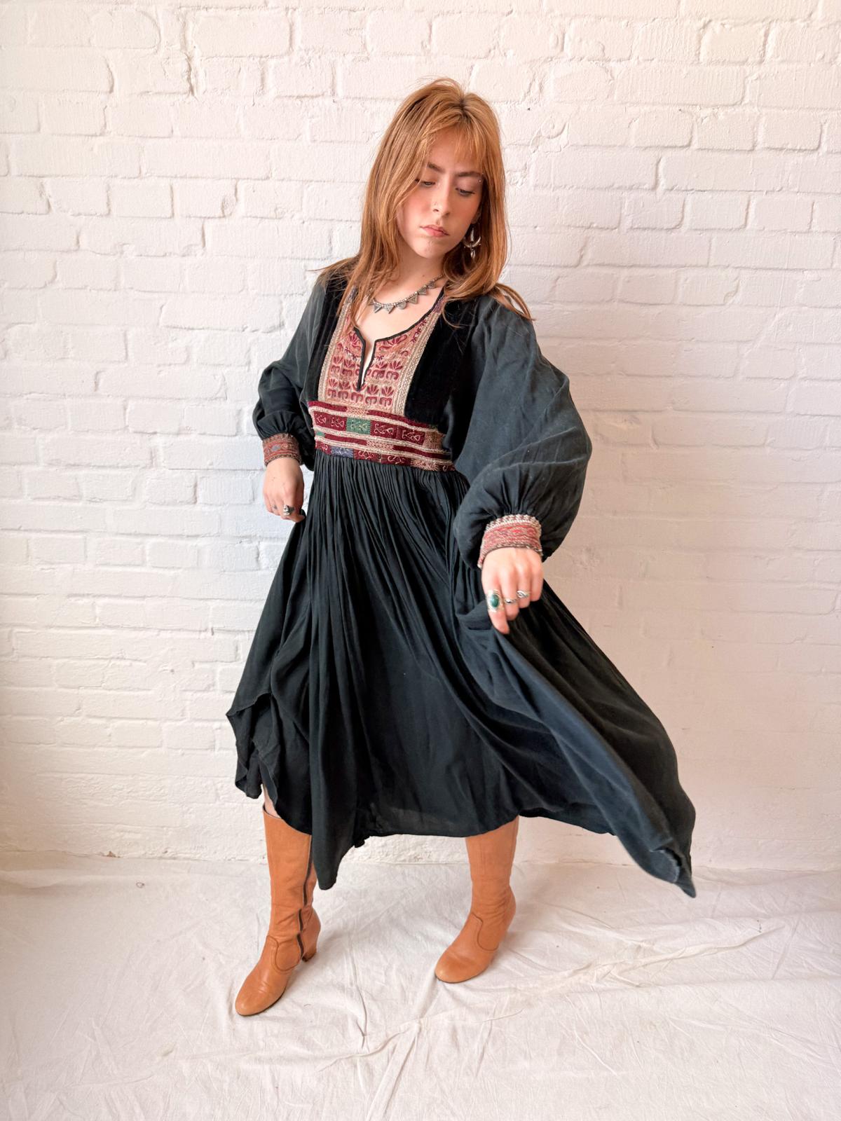 1970s Black Afghan Viscose Dress with Embroidered Velvet Yoke