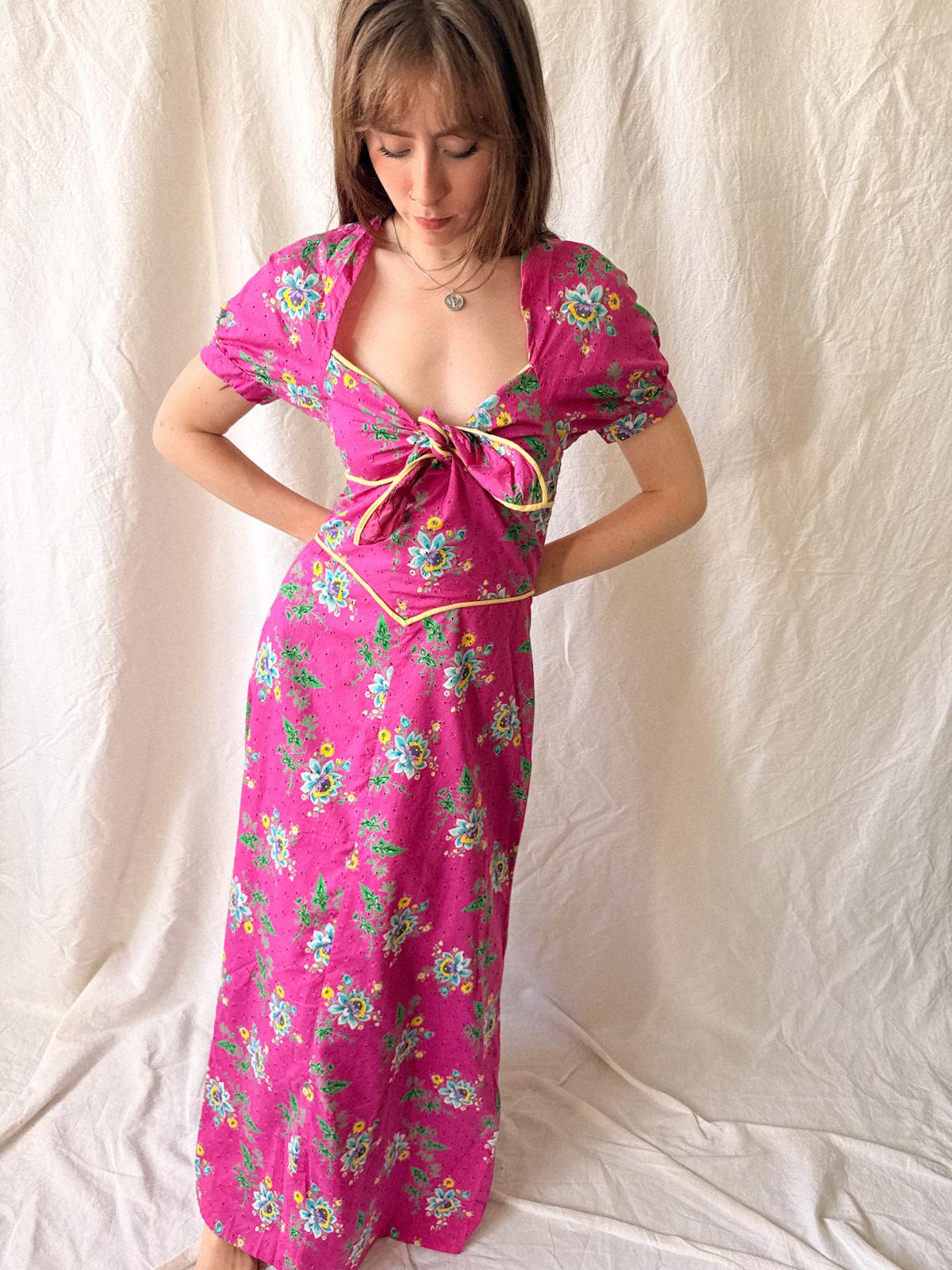 1970s Hot Pink Floral Broderie Anglaise Maxi Dress