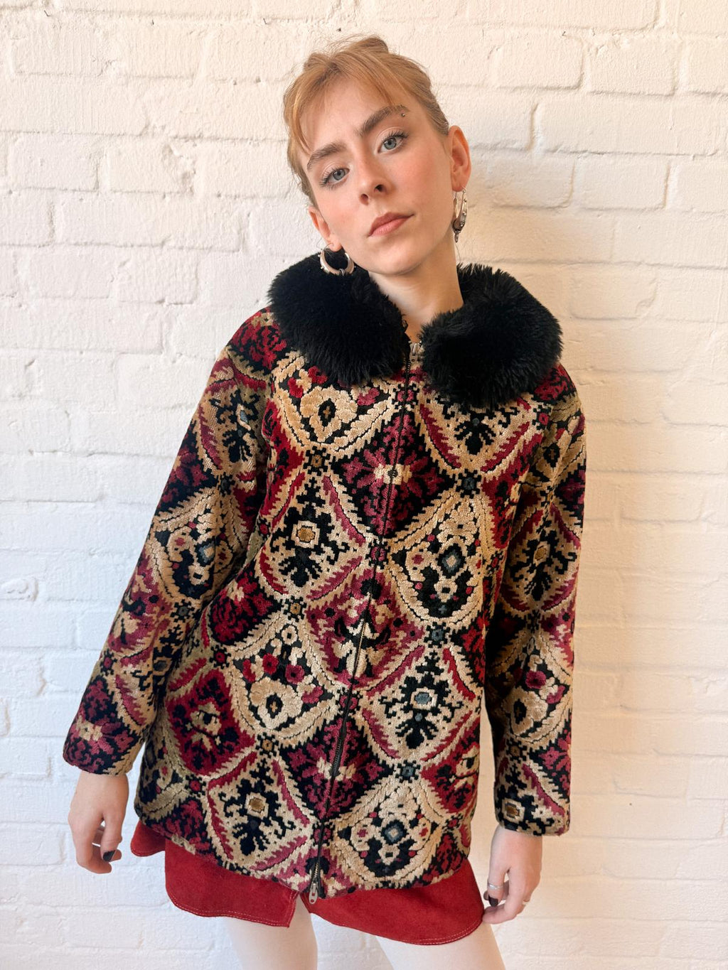 1960s Tapestry Chenille Ski Jacket with Faux Fur Collar