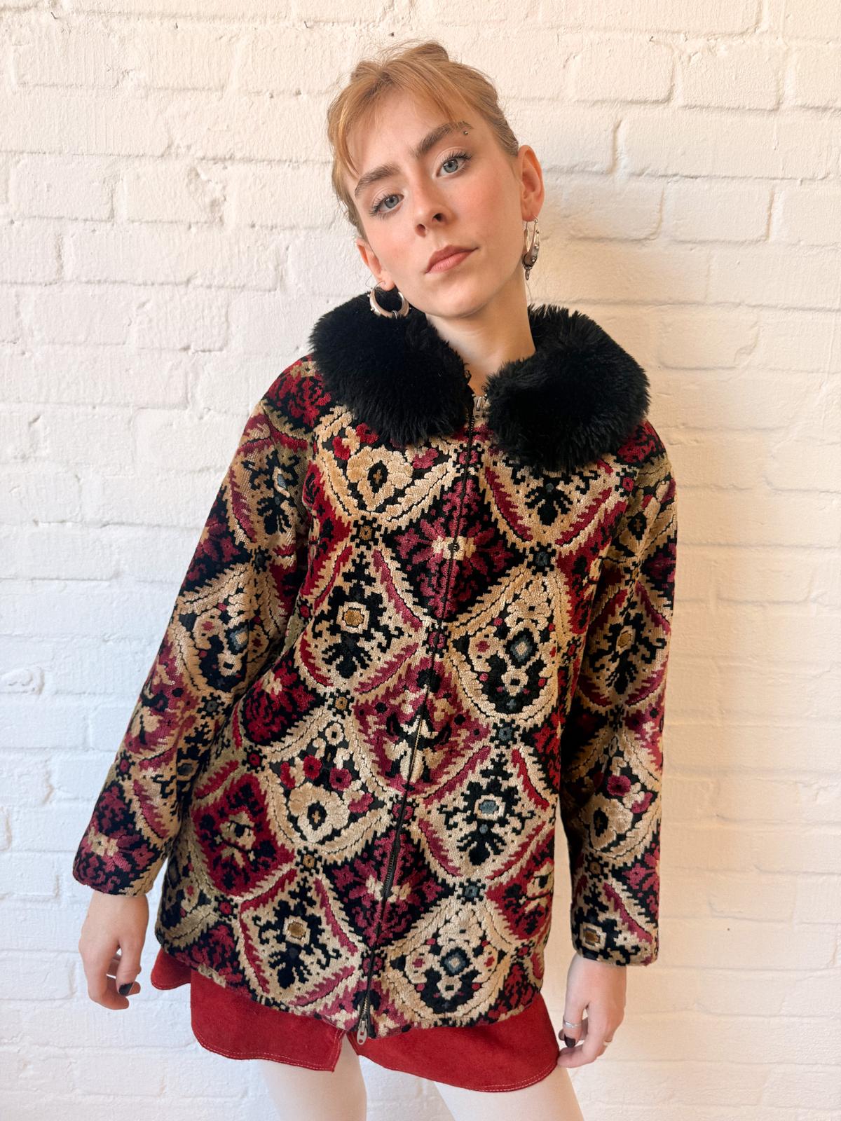 1960s Tapestry Chenille Ski Jacket with Faux Fur Collar