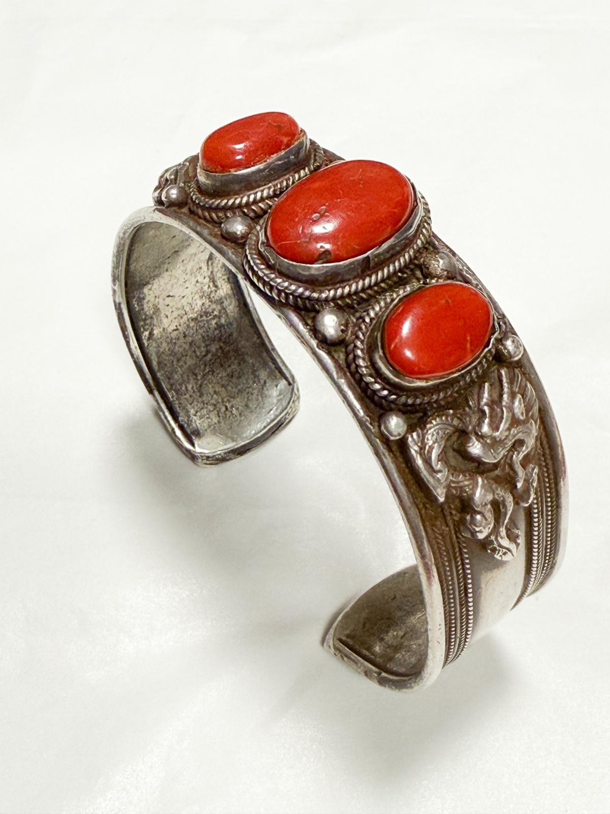 1970s Nepalese Silver & Coral Cuff with Dragon–Serpent Motif