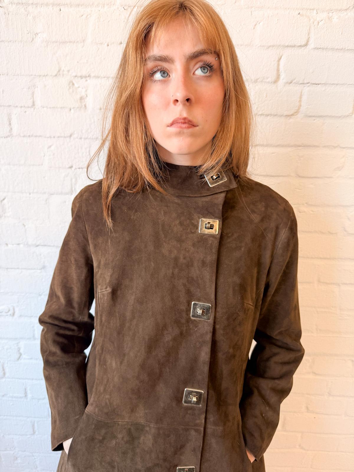 1970s Brown Suede Penny Lane Princess Coat with Statement Metal Fastenings