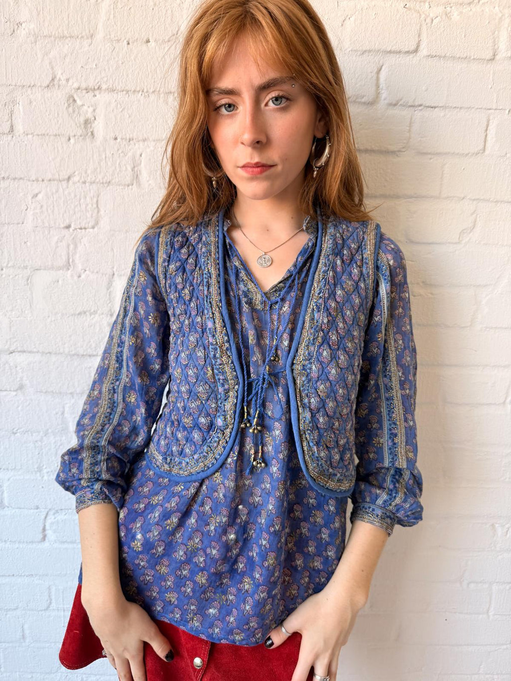 1970s Indian Cotton Gauze Blouse & Quilted Vest Set