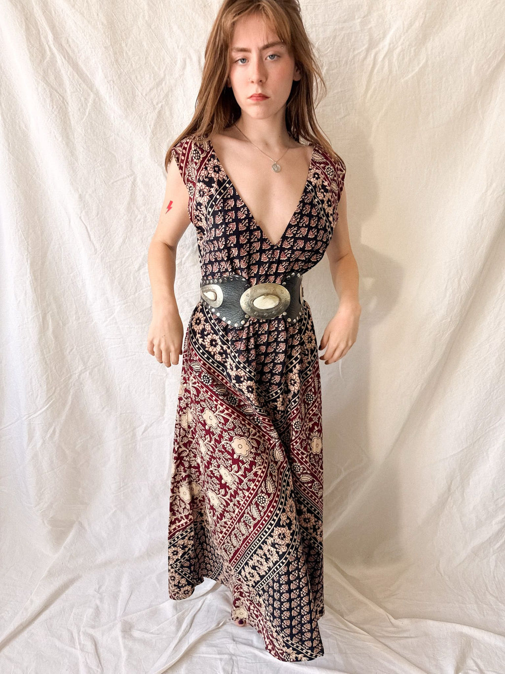 1970s Indian Block Print Cotton Caftan Dress