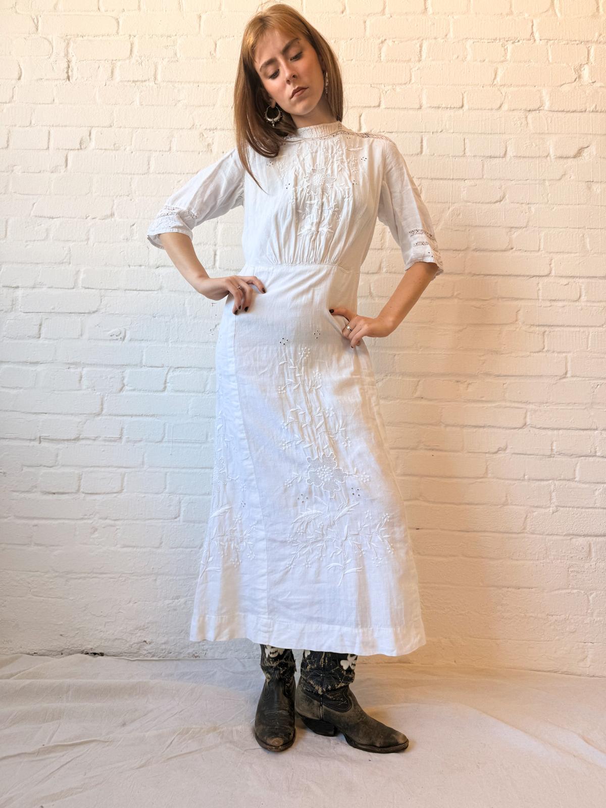 Edwardian White Embroidered Cotton Lawn Dress