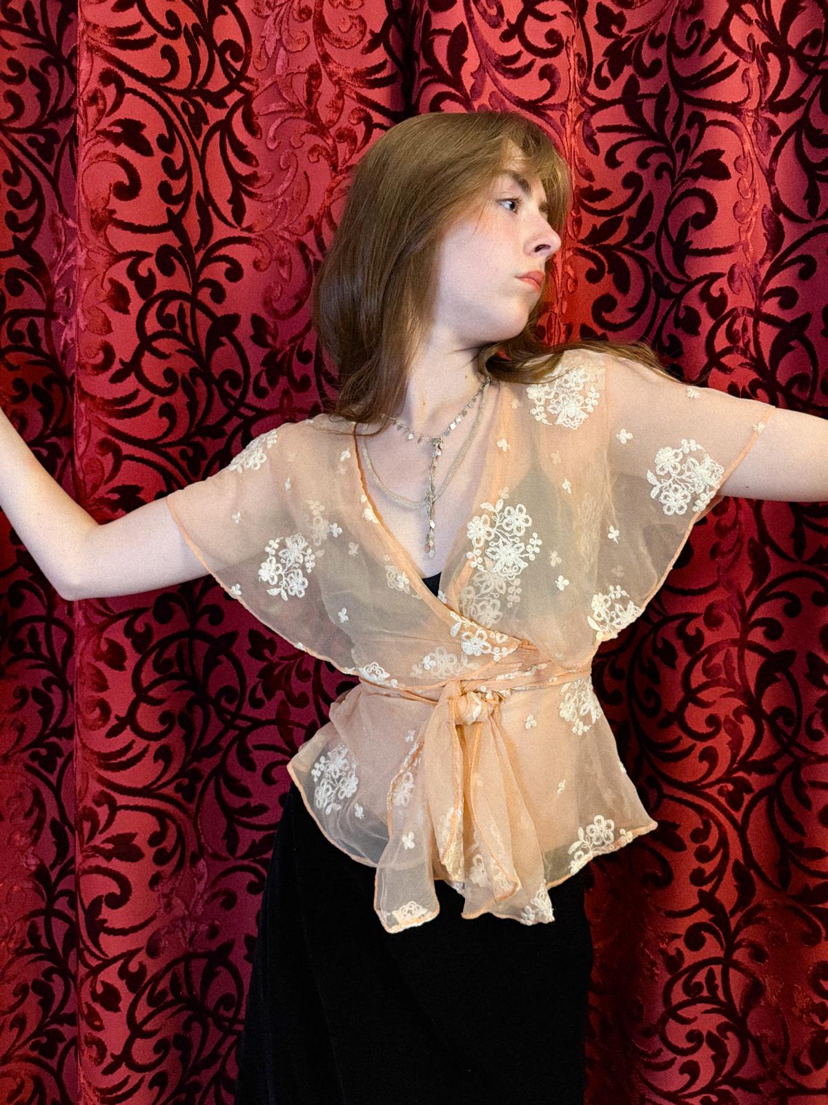 1930s Embroidered Chiffon Wrap Blouse with Capelet