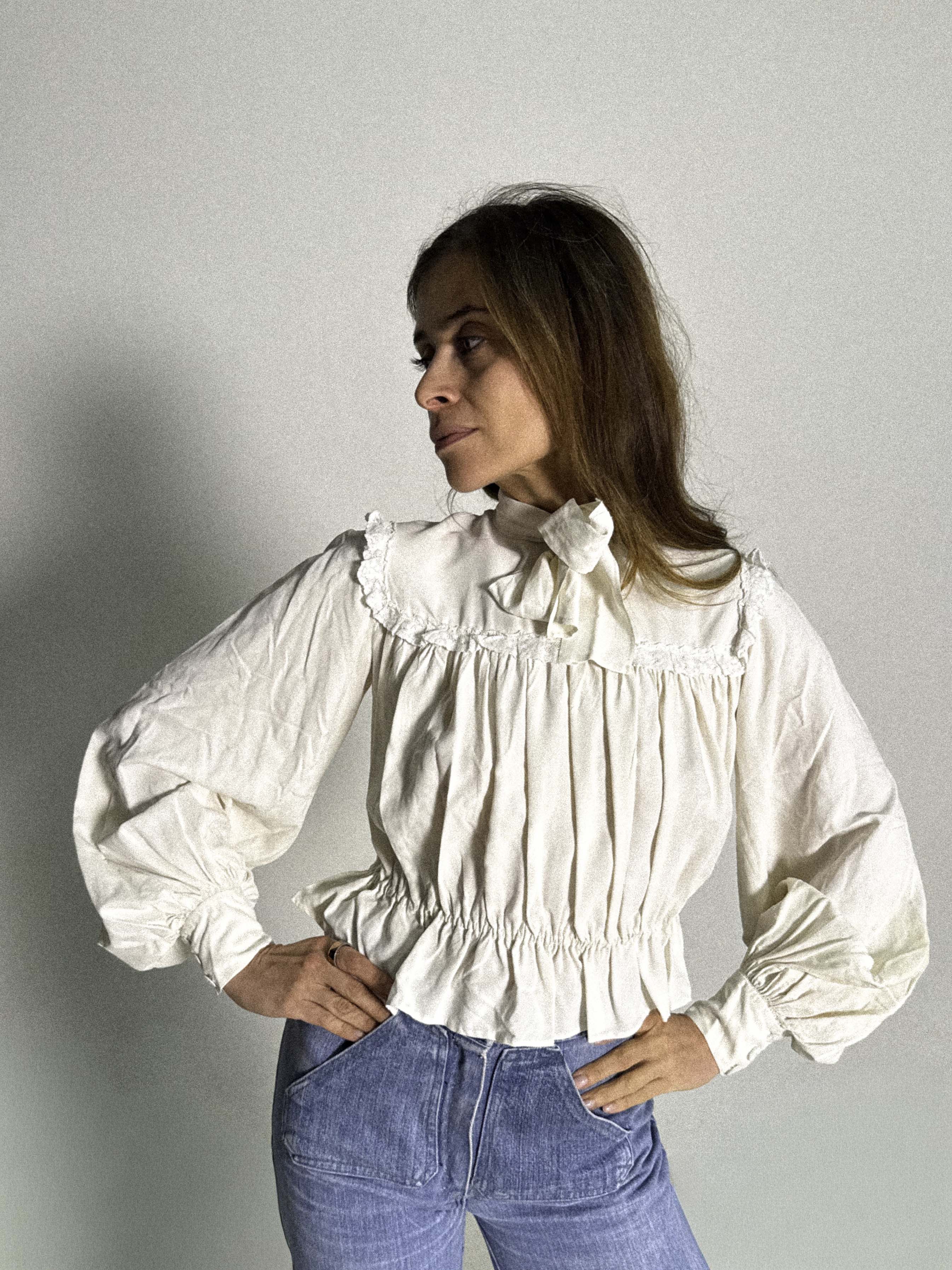 1930s Silk Blouse with Tie Neck and Softly Gathered Silhouette