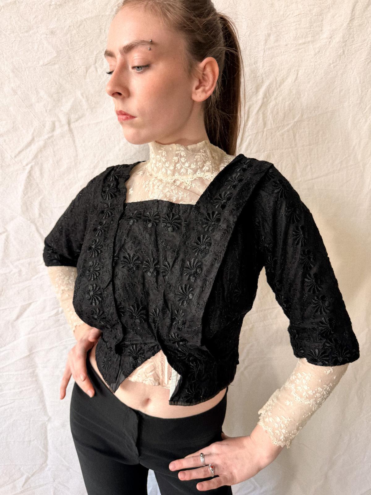 Victorian / Early Edwardian Black Silk & Lace Boned Bodice | Antique Embroidered Jacket | c. 1895–1910