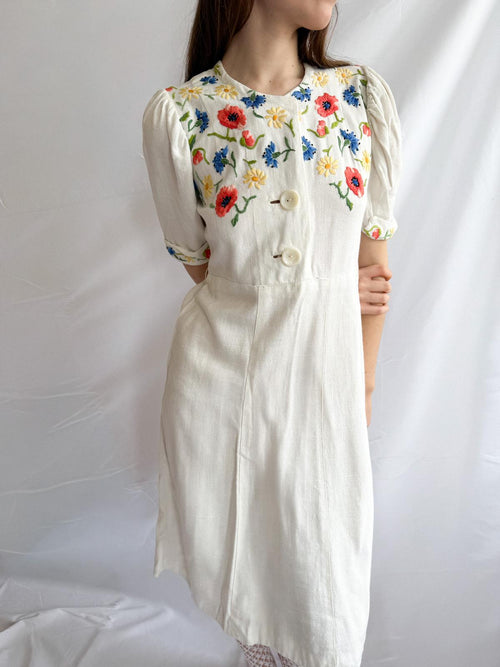 1940s Embroidered Linen Dress – Vintage Floral Folk Dress with Poppy & Cornflower Embroidery