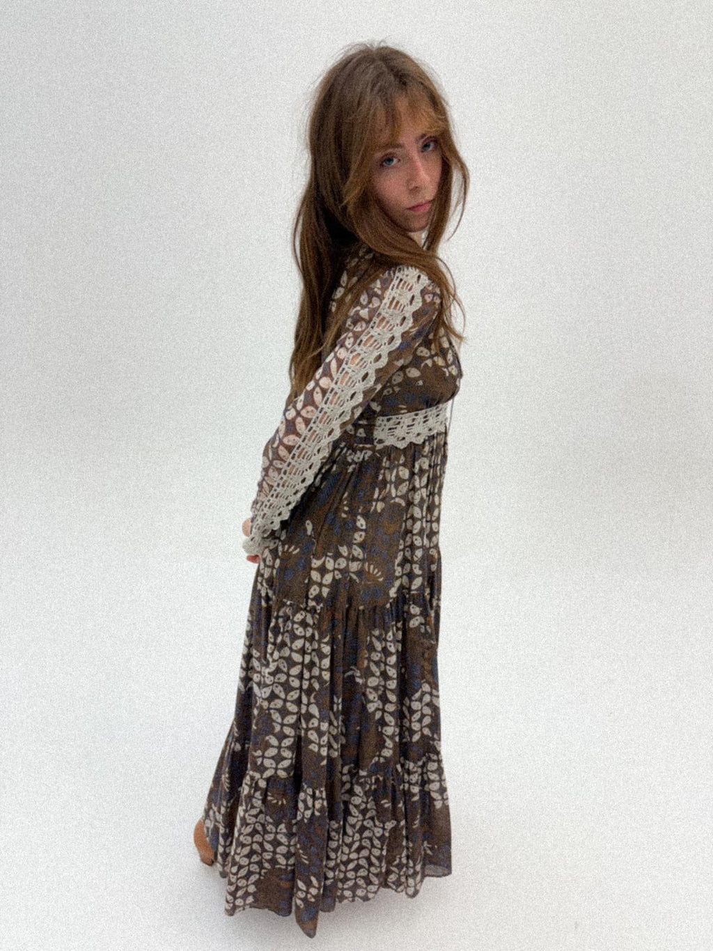 1970s Gunne Sax Prairie Dress with Lace Bib and Tiered Skirt