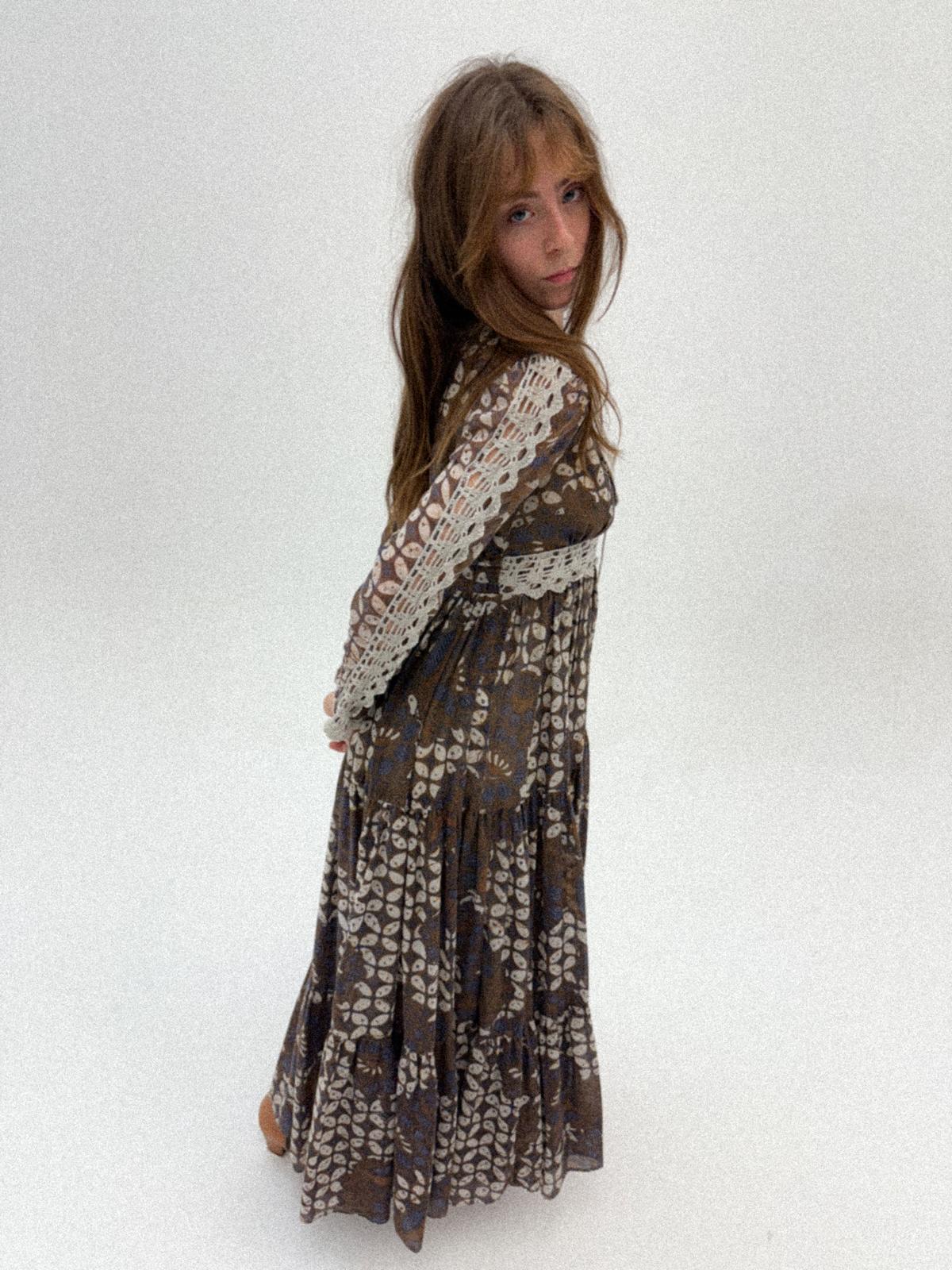 1970s Gunne Sax Prairie Dress with Lace Bib and Tiered Skirt