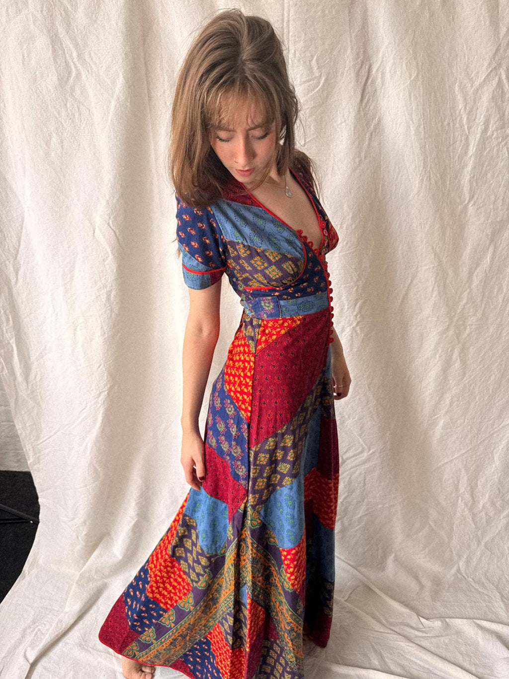 1970s Indian Cotton Patchwork Maxi Dress | Block Print Bohemian Folk Dress