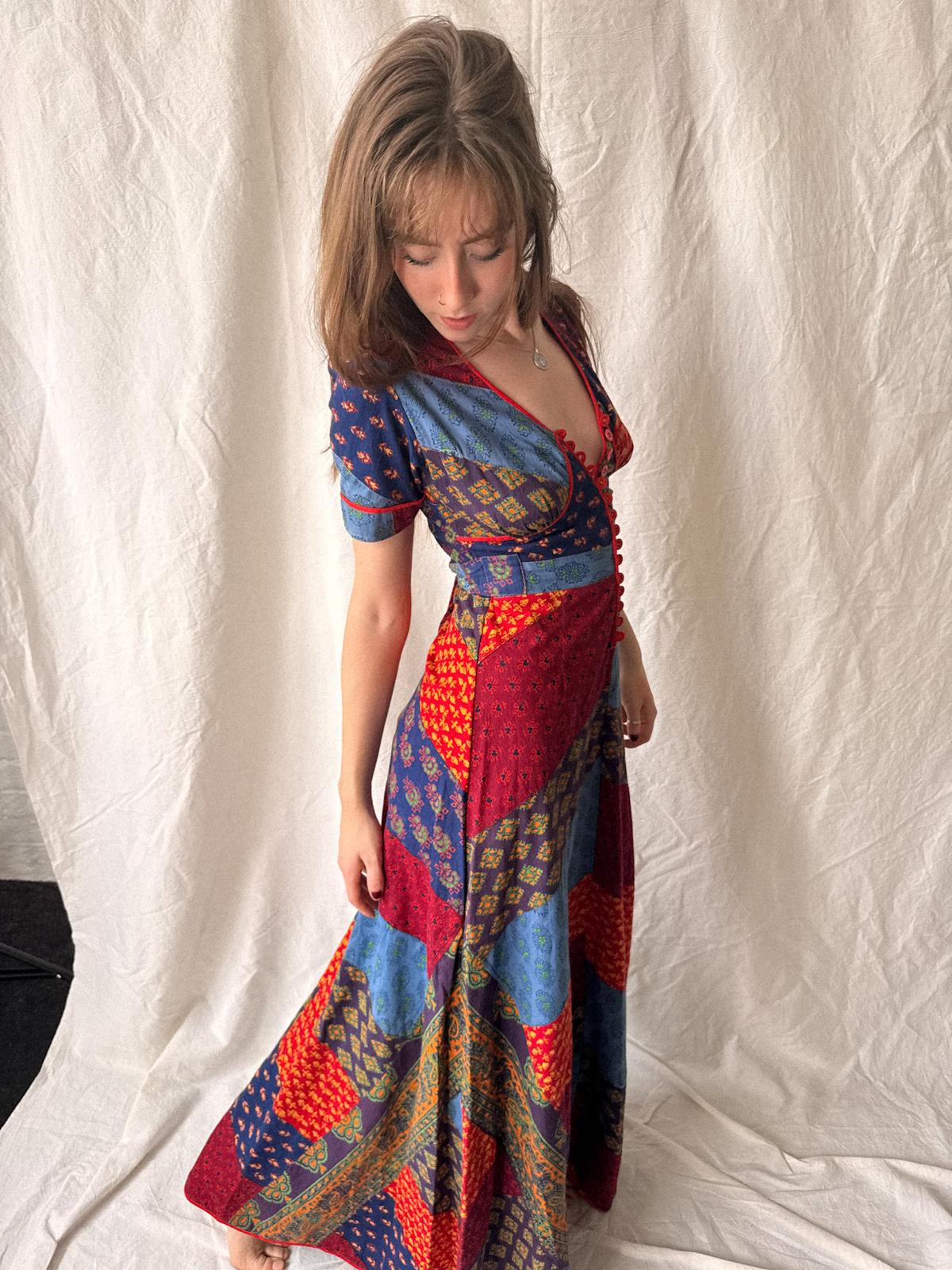 1970s Indian Cotton Patchwork Maxi Dress | Block Print Bohemian Folk Dress
