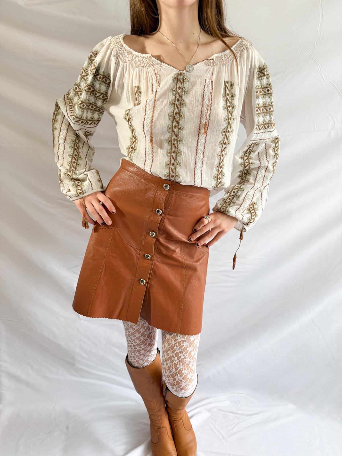 1970s Genuine Leather Mini Skirt – Caramel Brown Button Front Lambskin Skirt