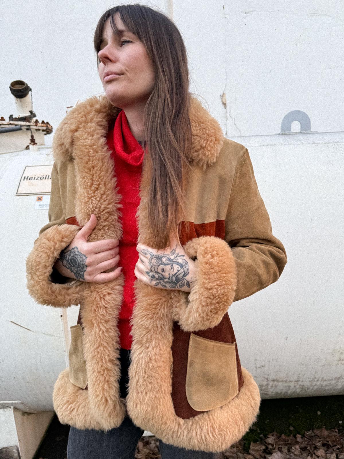 Rare 1970s Penny Lane Sheepskin Coat – Three-Colour Suede with Plush Shearling Trim