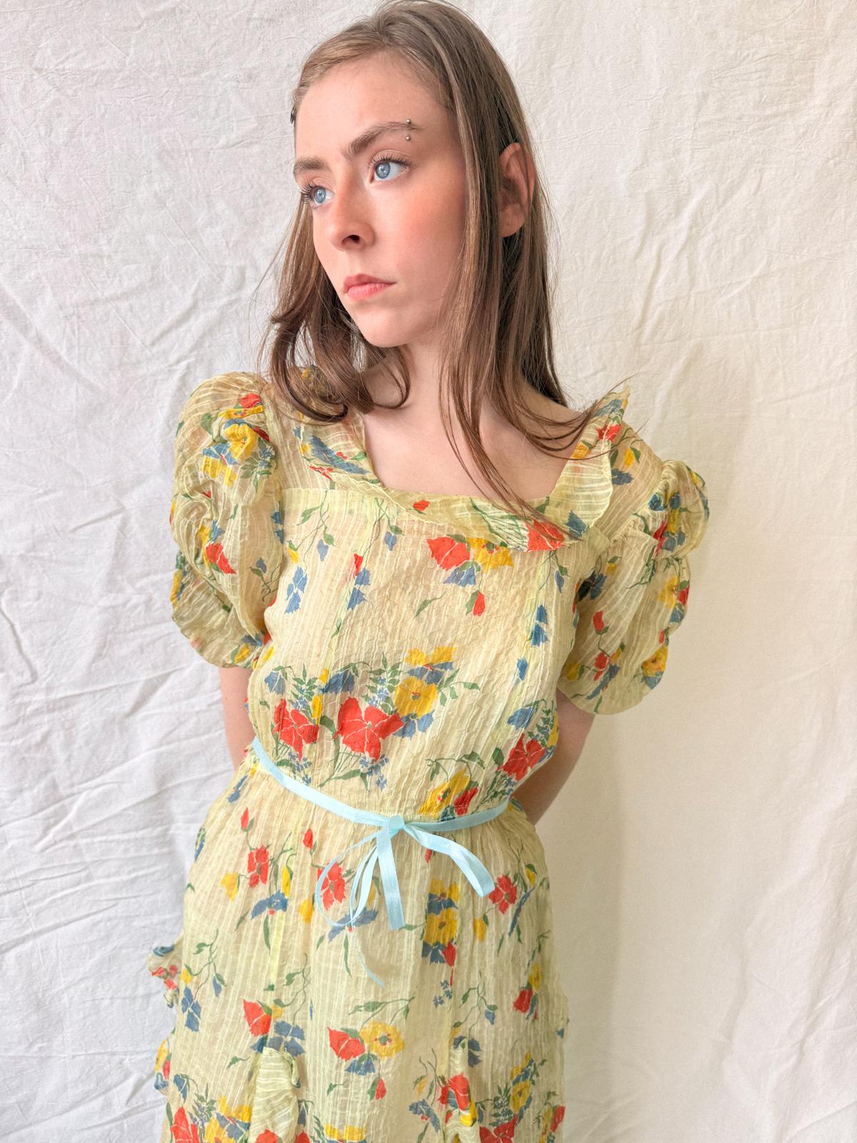 1930s Semi-Sheer Crinkled Rayon Taffeta Party Dress