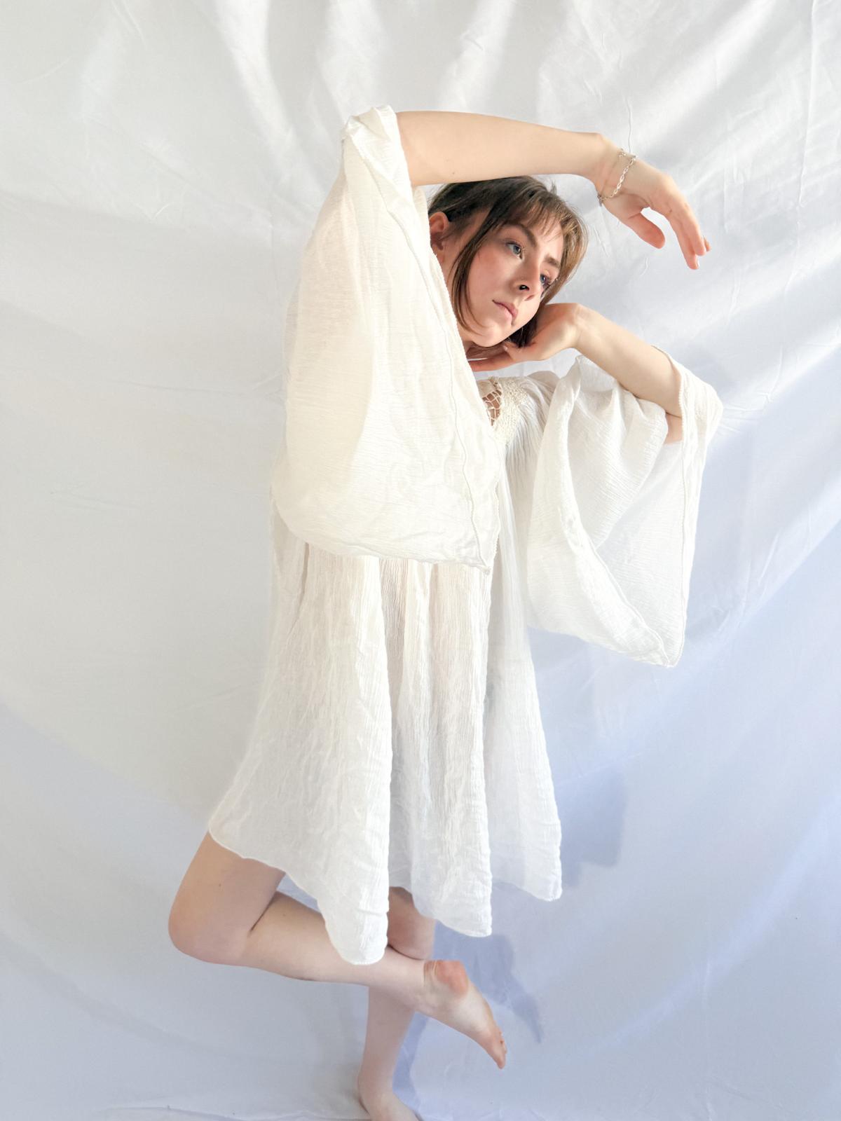 1970s Cotton Gauze Tunic with Butterfly Crochet Neckline