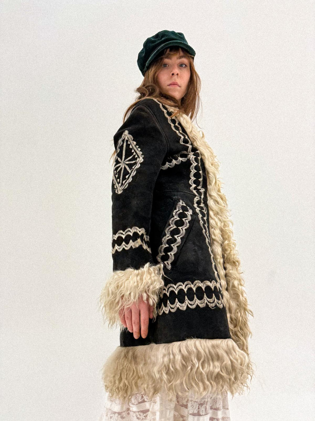 1960s/70s Inky Black Embroidered Afghan Shearling Coat with Lambswool Lining