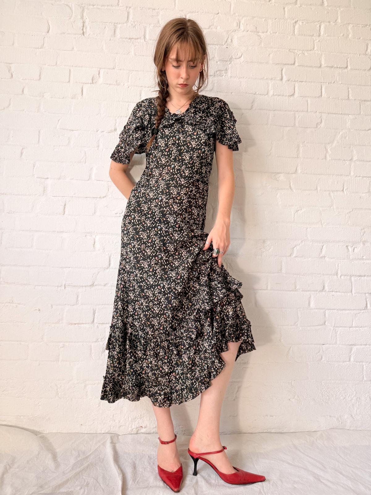 1920s Black Silk Voile Capelet Dress with Pleated Ruffle Hem | Flapper Day Dress | Rare Antique Silk Dress