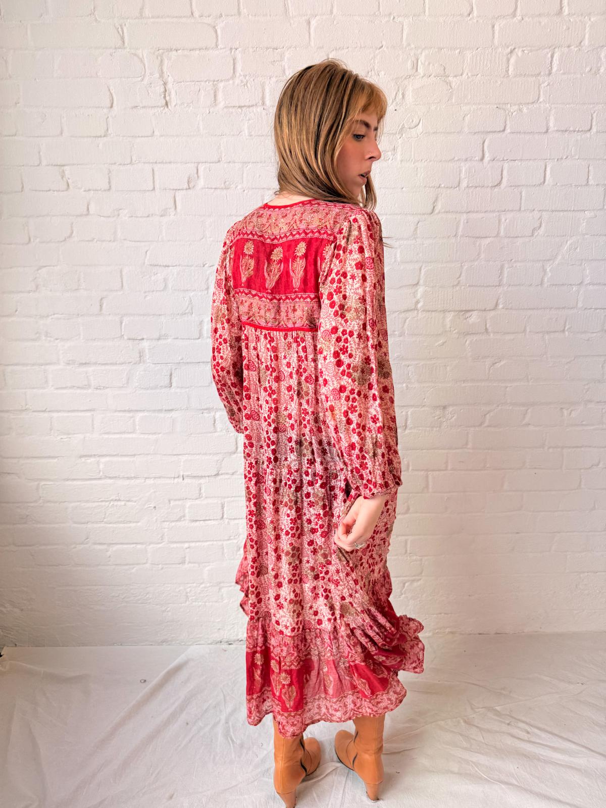 1970s Indian Cotton Gauze Floral Maxi Dress with Gold Stamping