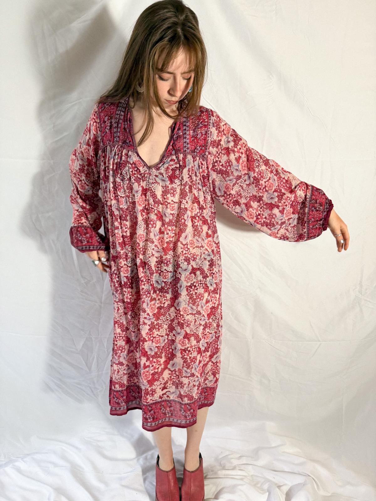 1970s Raspberry Blossom Cotton Gauze Dress