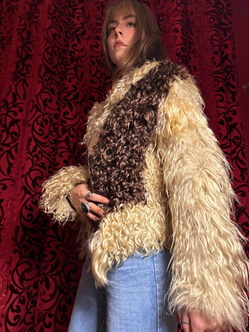 Rare 1960s–70s Tibetan Lamb Jacket – Two-Tone Curly Fur with Sculptural Sleeves