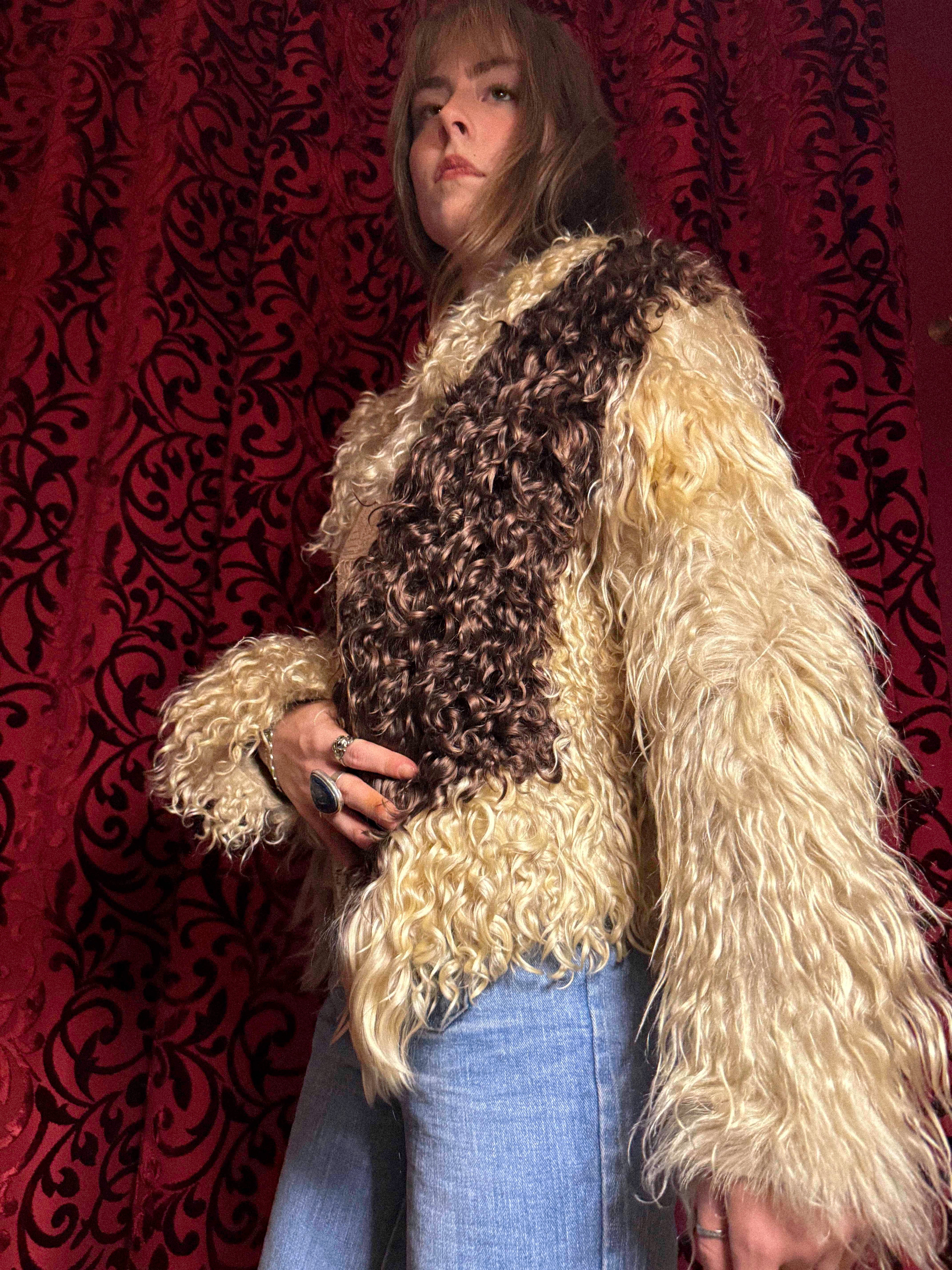Rare 1960s–70s Tibetan Lamb Jacket – Two-Tone Curly Fur with Sculptural Sleeves