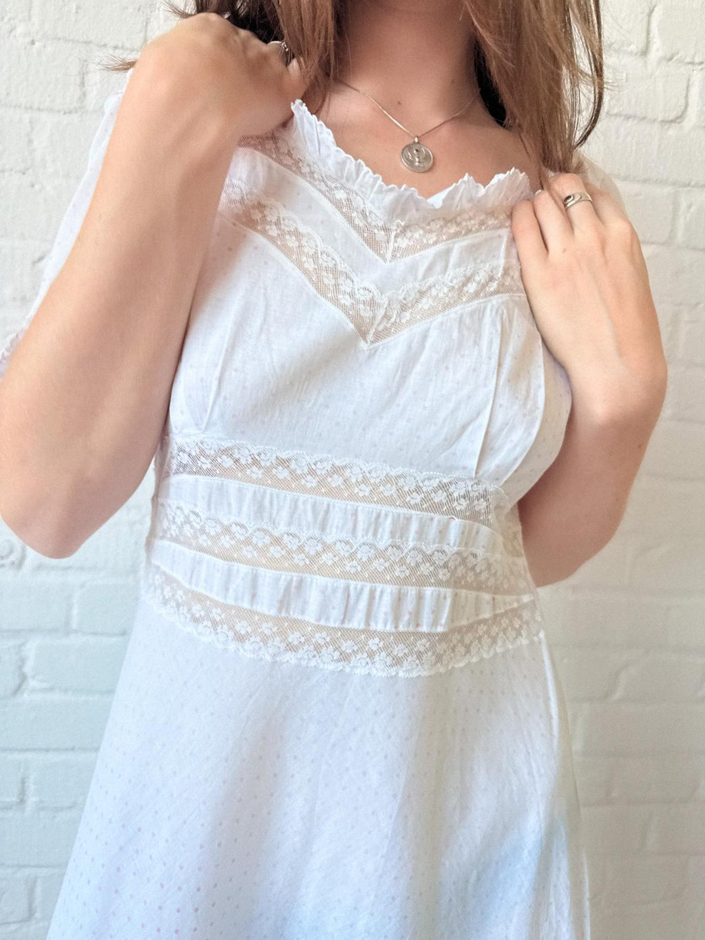 1930s White Cotton & Lace Nightdress | Pink Polka Dot Bias-Cut Dress