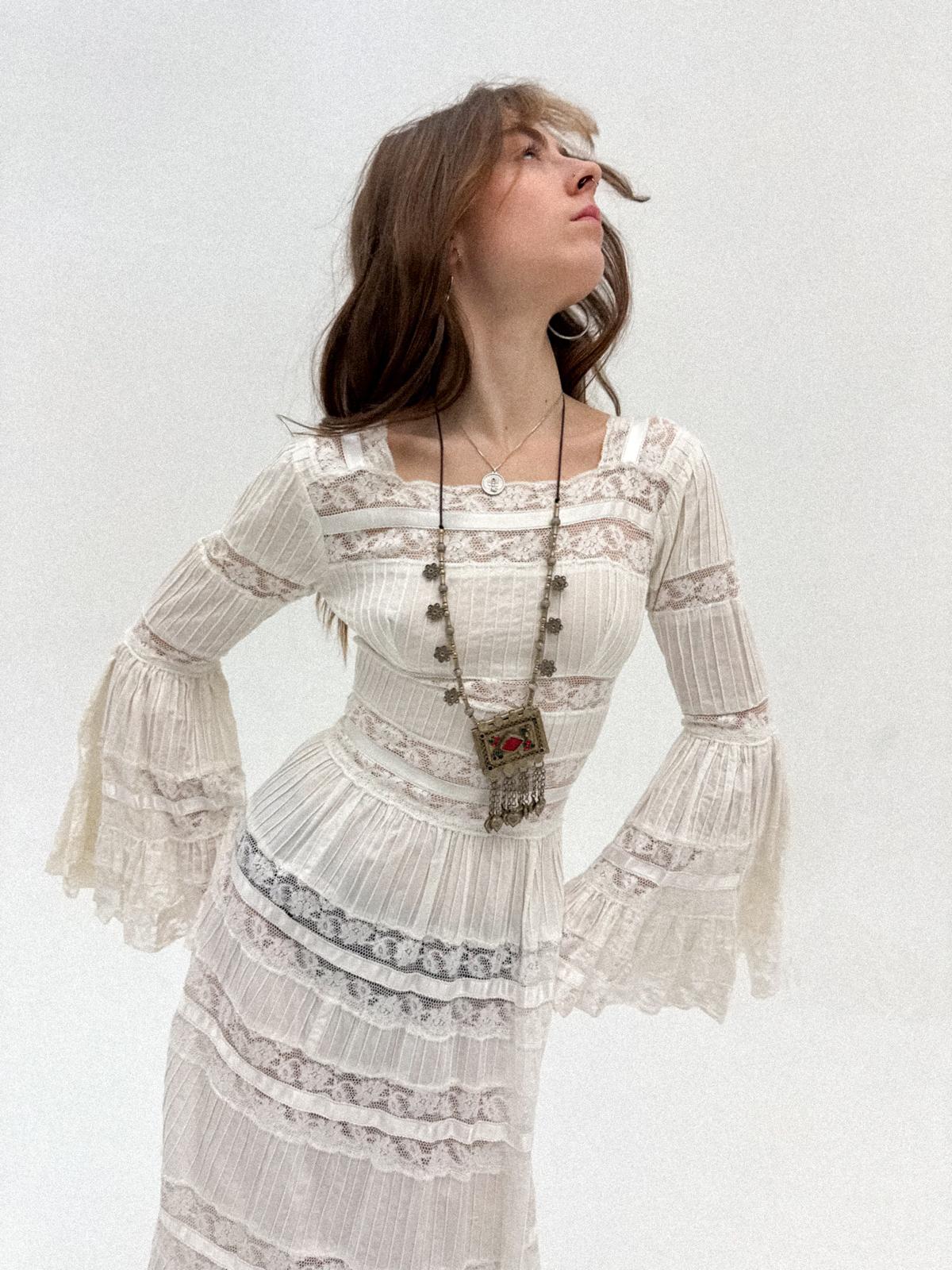 Mexican Cotton Wedding / Bohemian Dress, 1970s