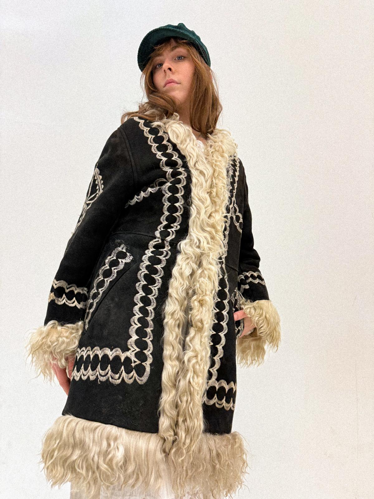 1960s/70s Inky Black Embroidered Afghan Shearling Coat with Lambswool Lining