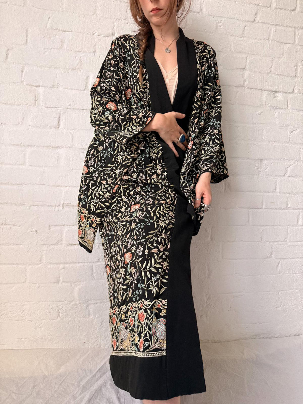 1920s Embroidered Peacock Hostess Kimono-Style Robe