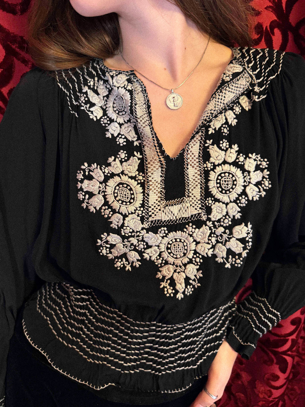 1930s Black & White Embroidered Peasant Penny Lane Blouse