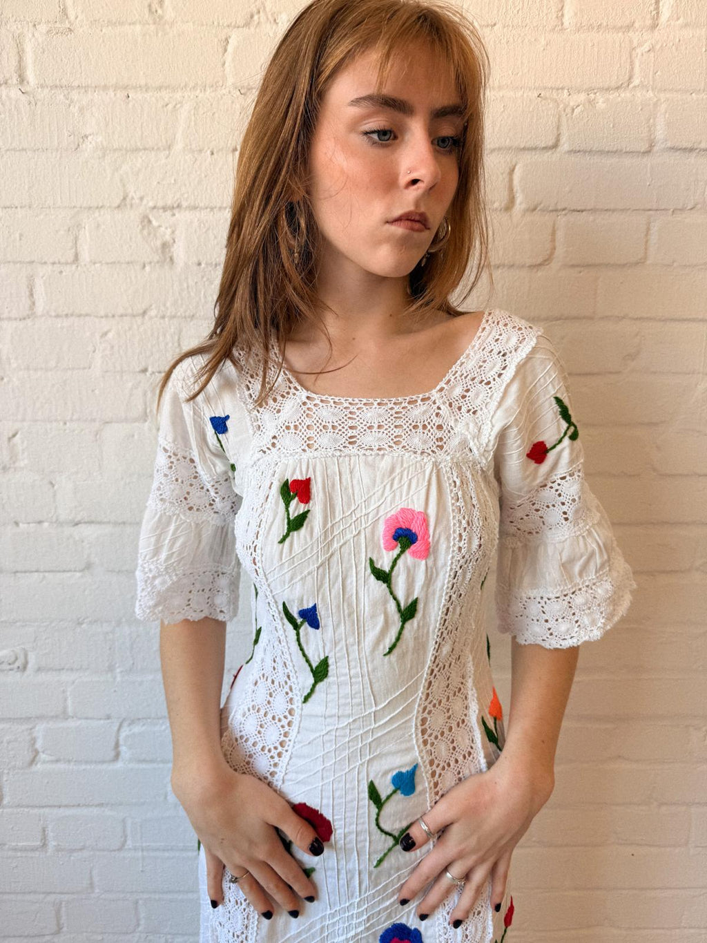 1970s Mexican-Style Embroidered Cotton & Crochet Maxi Dress