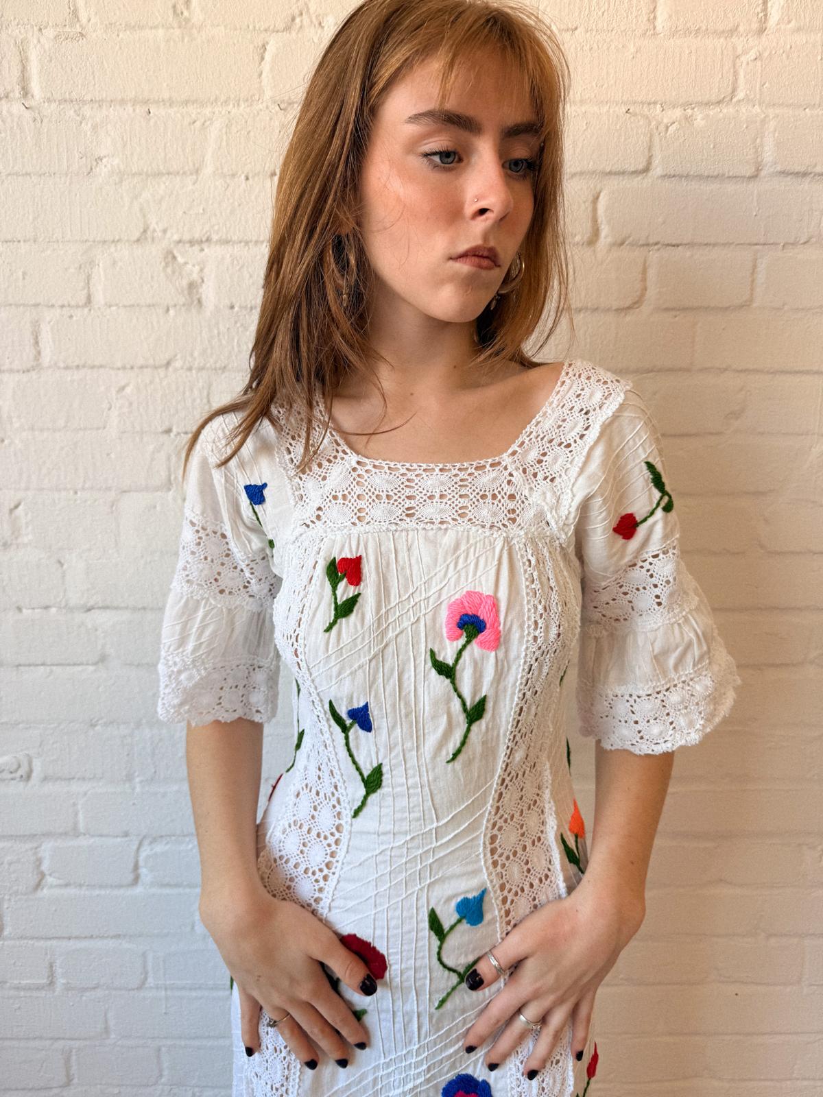1970s Mexican-Style Embroidered Cotton & Crochet Maxi Dress