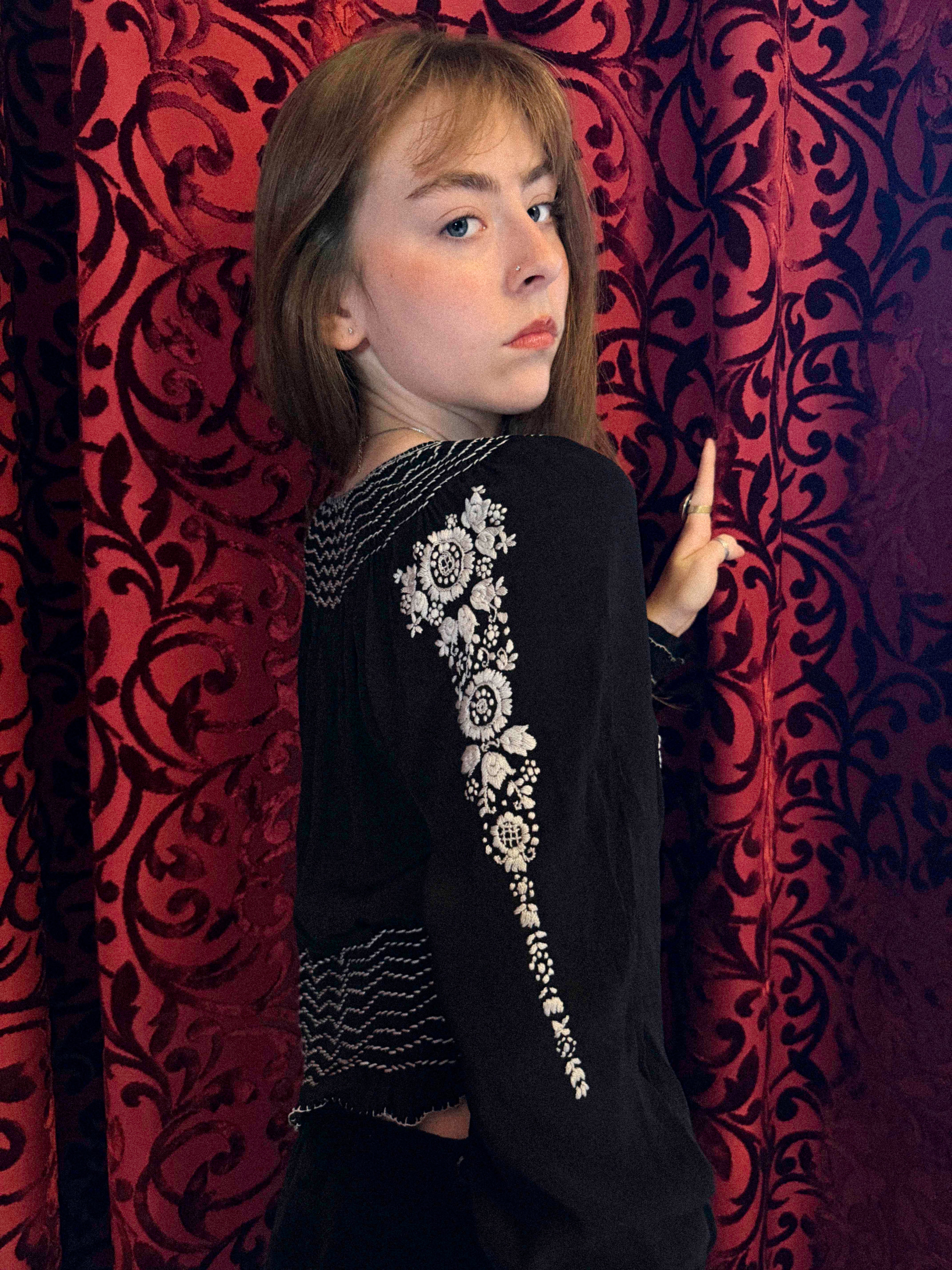 1930s Black & White Embroidered Peasant Penny Lane Blouse