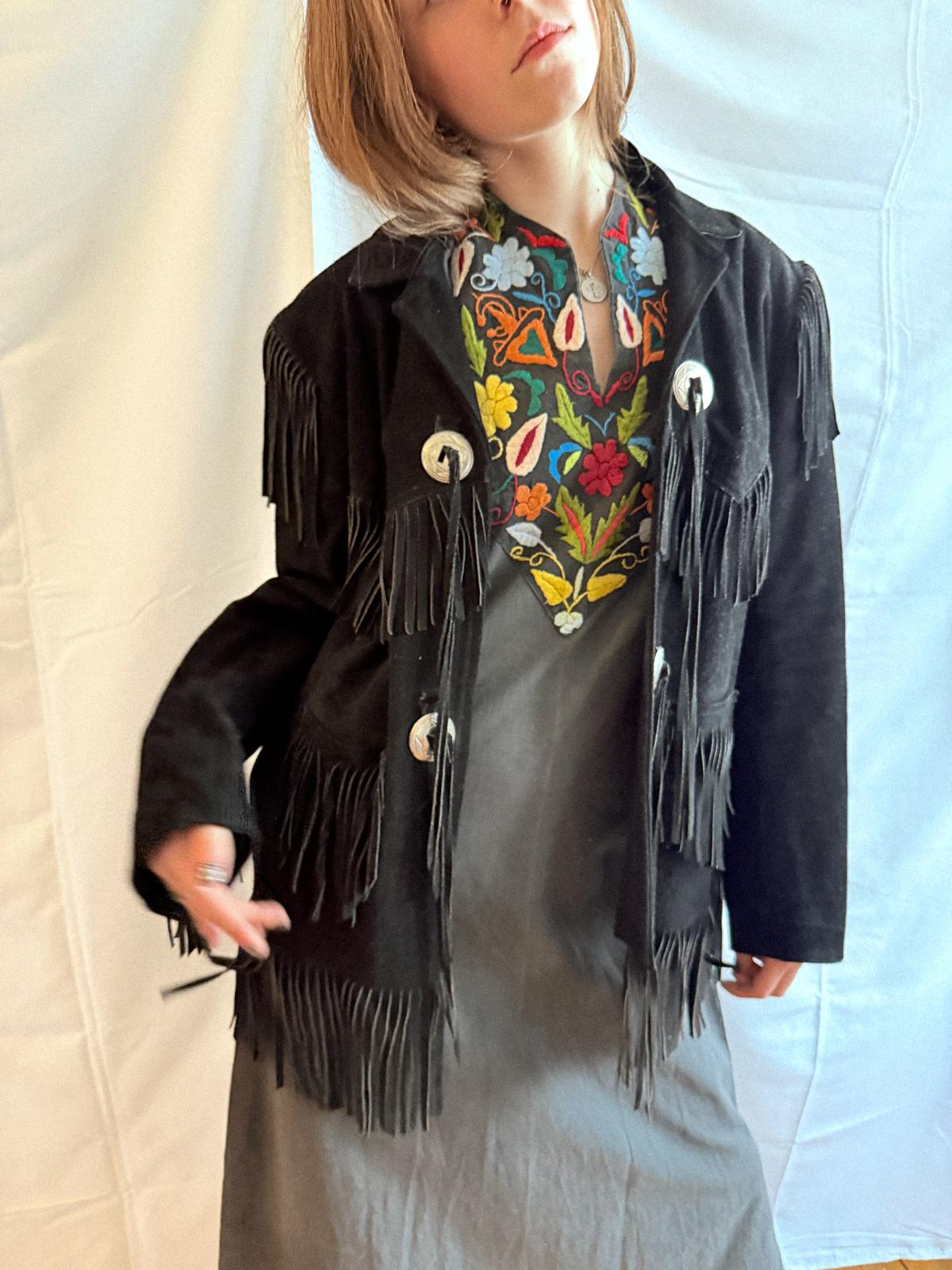 1970s/80s  Black Suede Fringe Jacket with Silver Conchos Unisex
