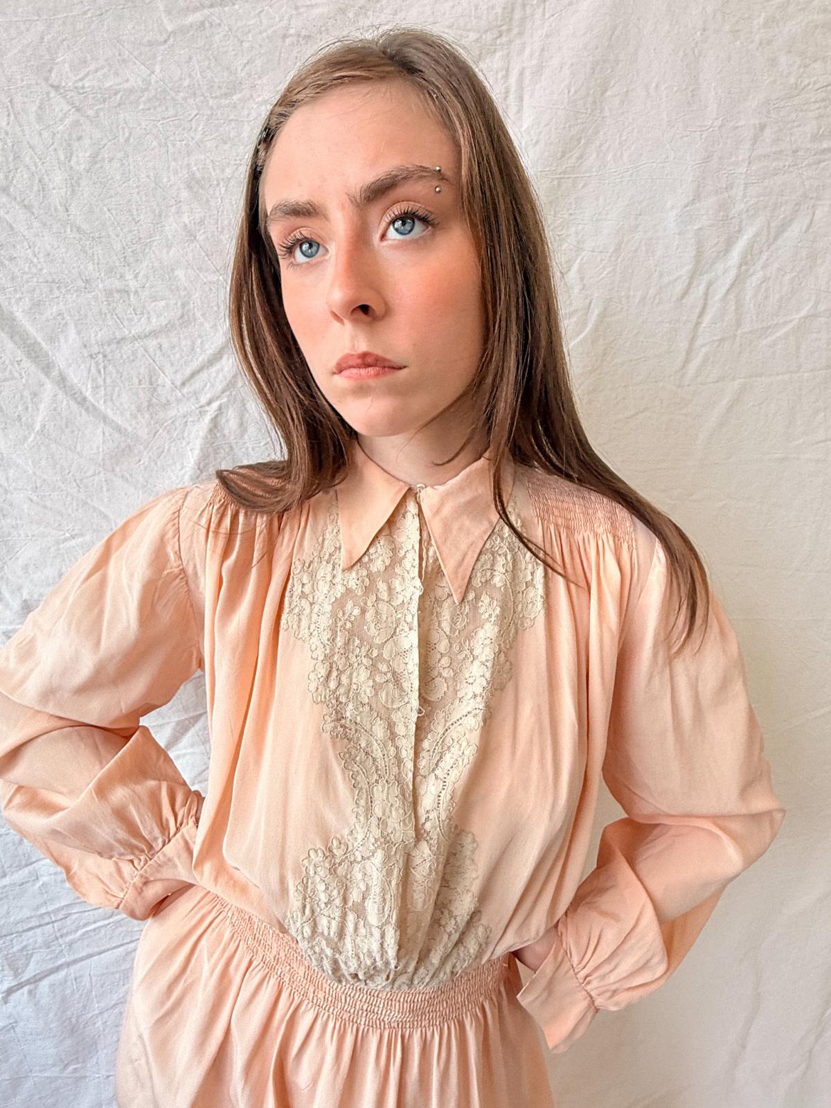 1930s Salmon Silk and Lace Nightgown