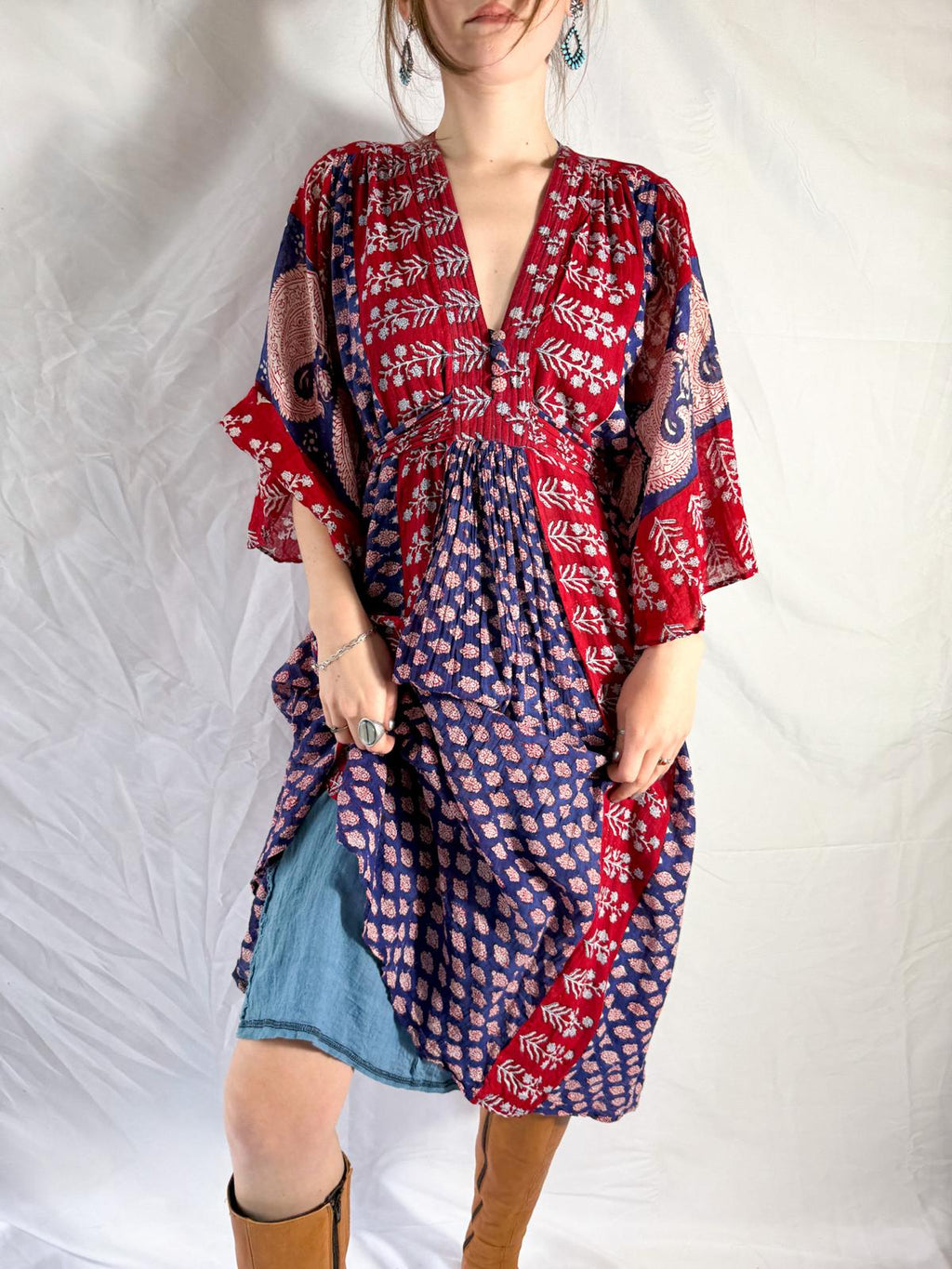 1970s Indian Cotton Gauze Block Print Dress with Angel Sleeves