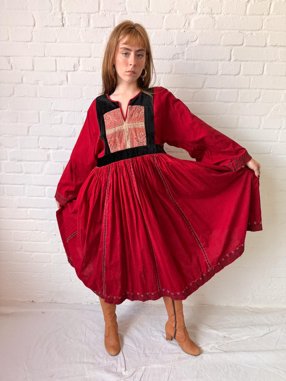 1970s Afghan Red Cotton Dress with Embroidered Yoke & Black Velvet