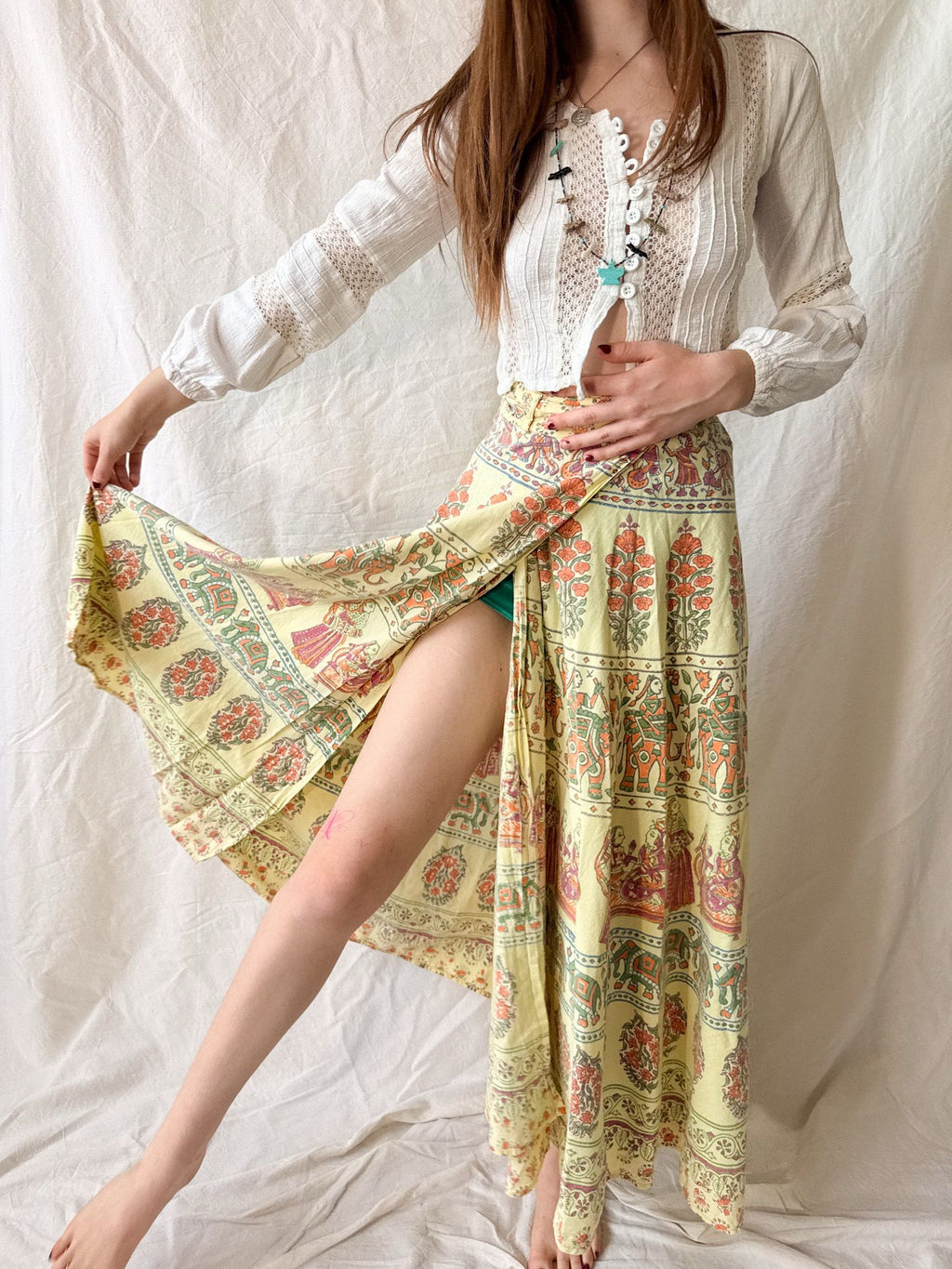 Vintage 1970s Indian Block Print Wrap Skirt