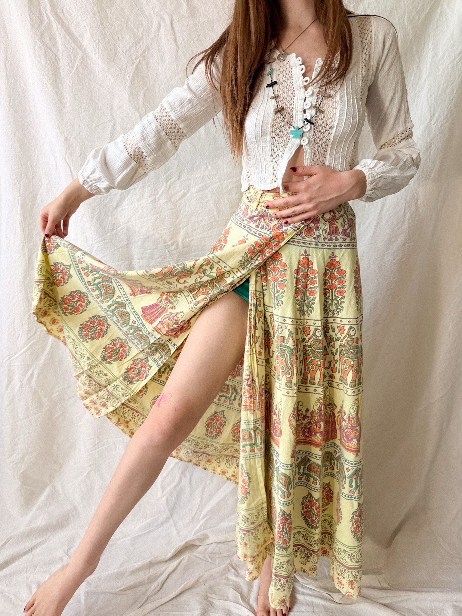 Vintage 1970s Indian Block Print Wrap Skirt