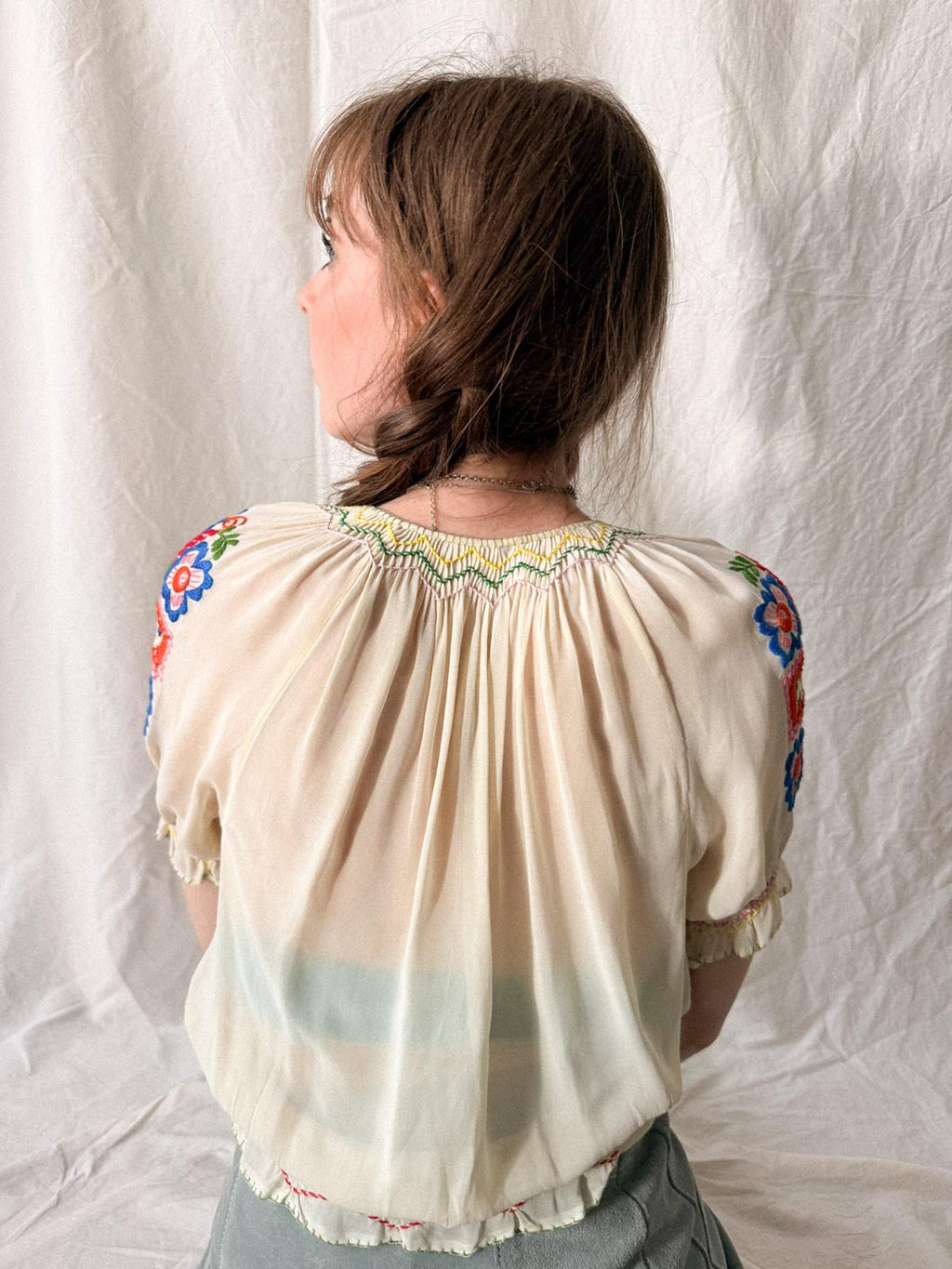 1930s–1940s Hand Embroidered Sheer Folk Blouse