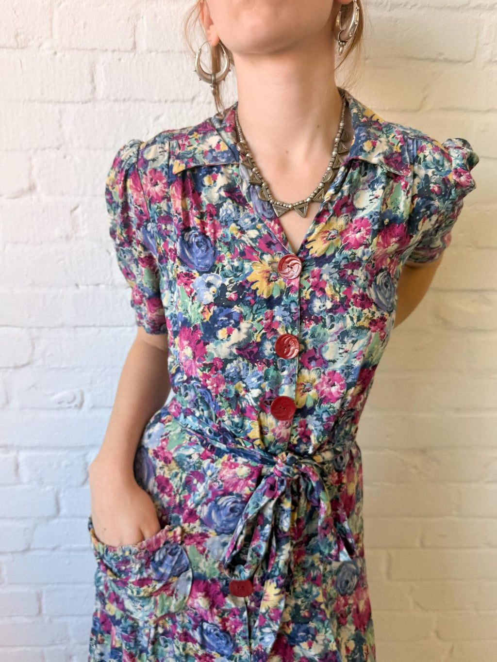 Rare 1940s Cotton Floral Maxi House / Tea Dress with Bakelite Buttons