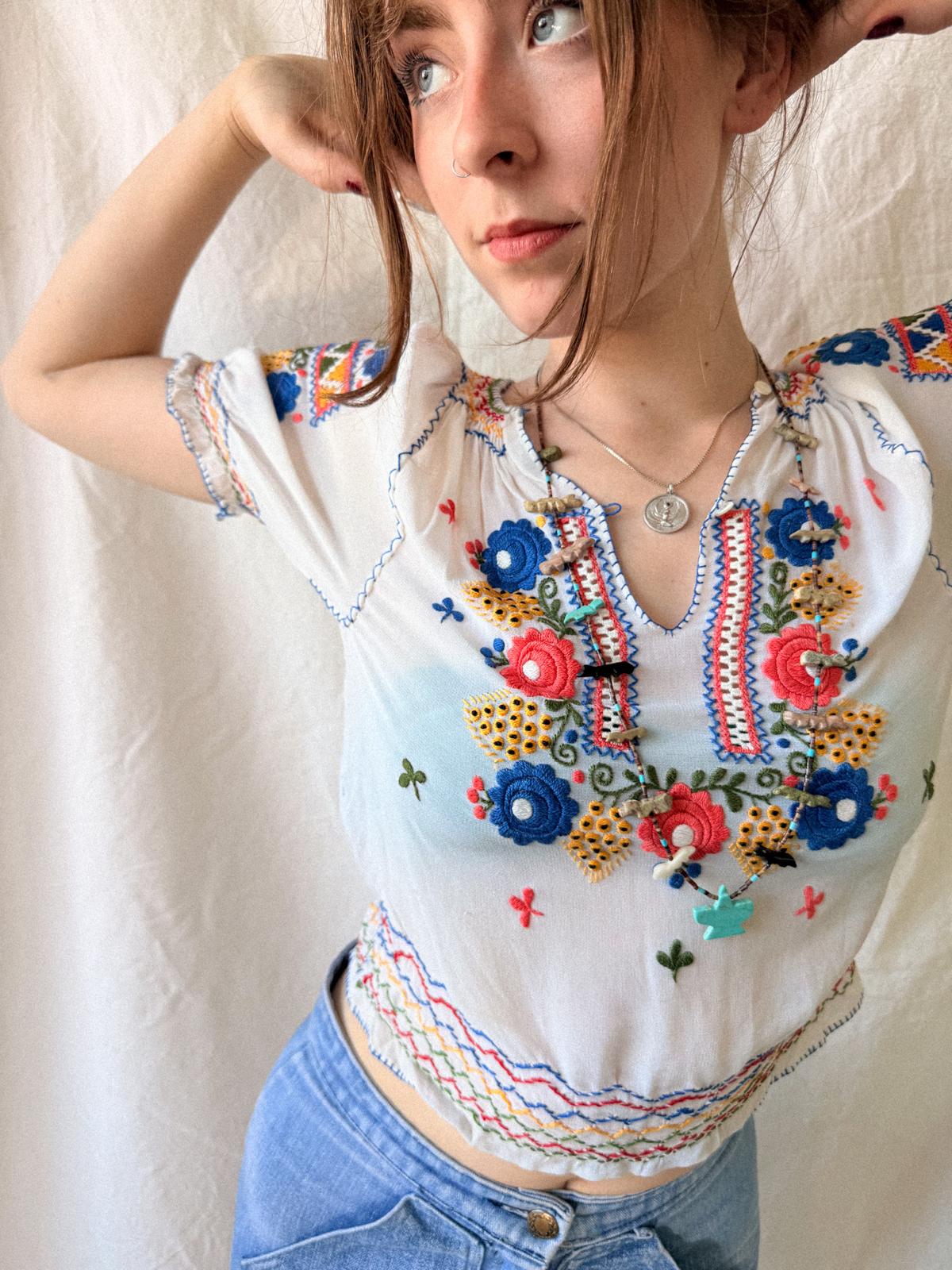 1930s–1940s Hand Embroidered Sheer Folk Blouse
