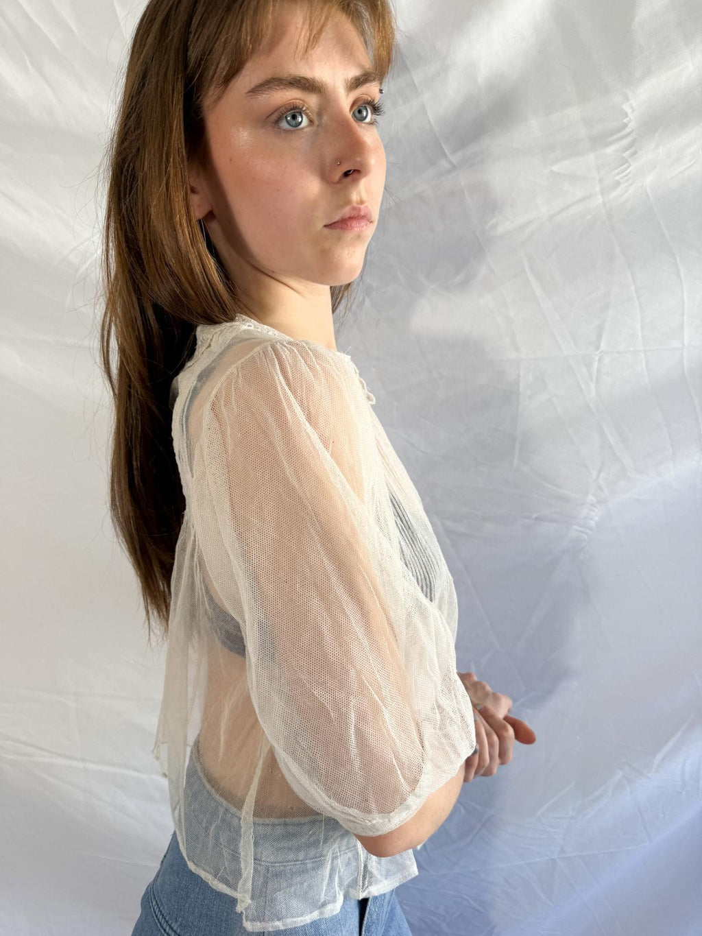 Edwardian / Early 1910s Sheer Tulle Blouse with Embroidered Collar