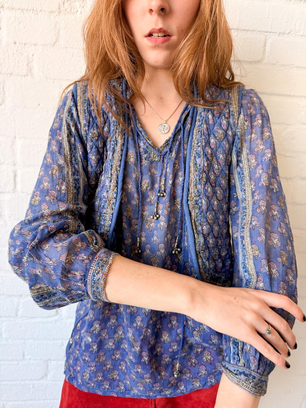 1970s Indian Cotton Gauze Blouse & Quilted Vest Set