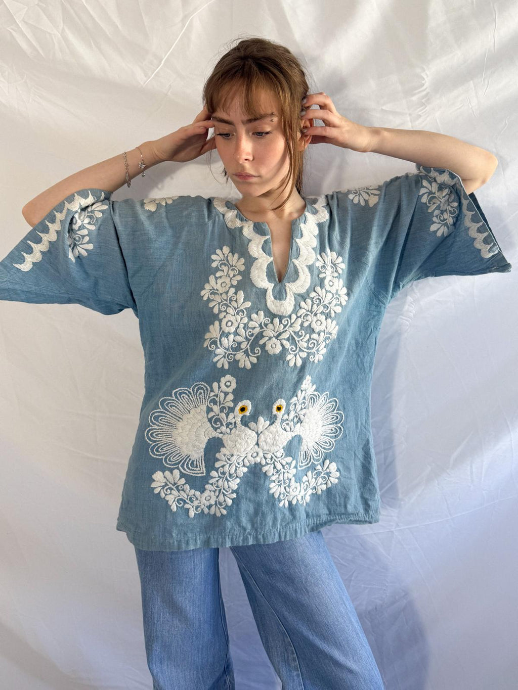 1970s Embroidered Chambray Mexican Tunic Top