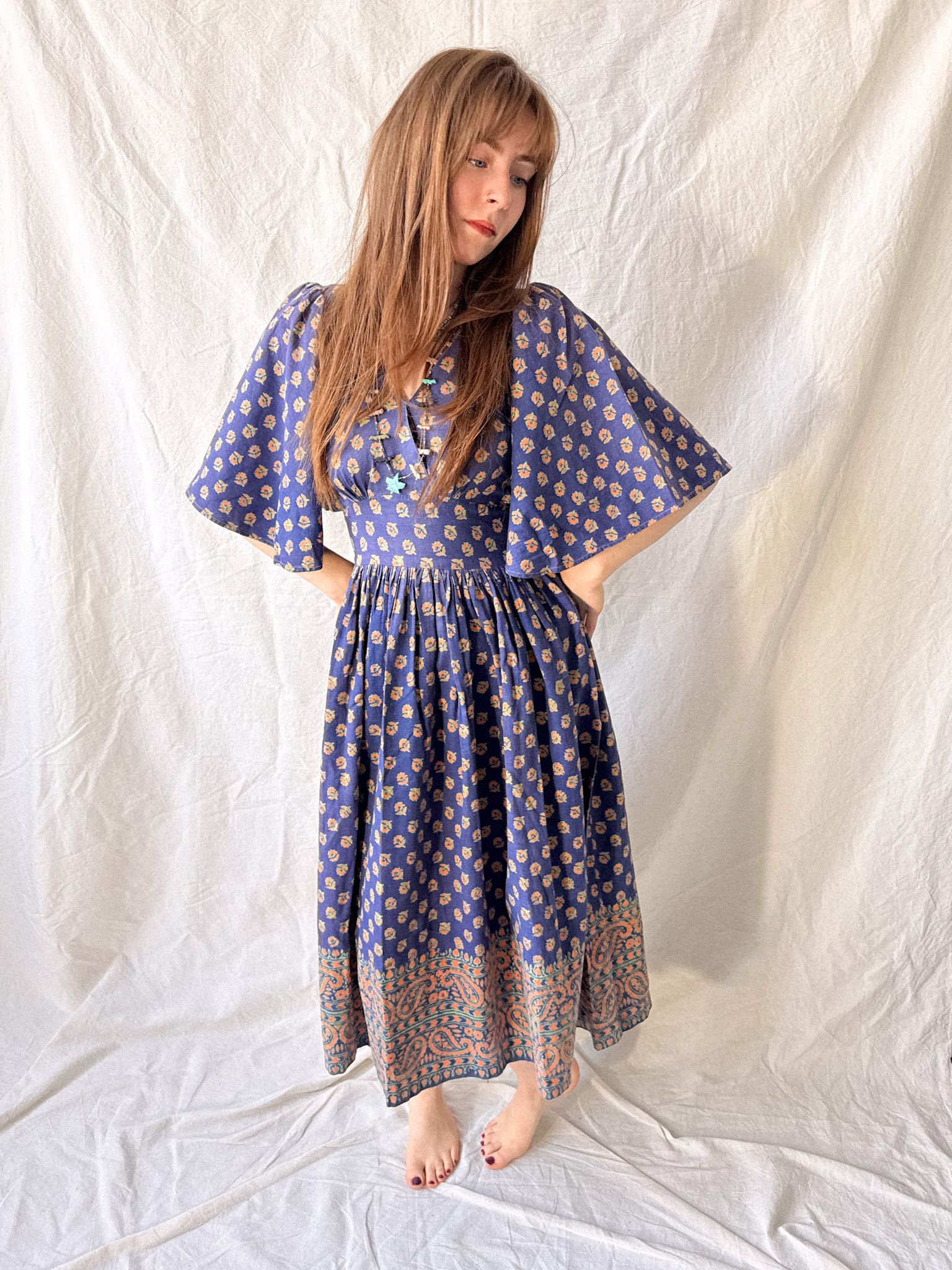1970s West German Cotton Block Print Angel Sleeve Dress
